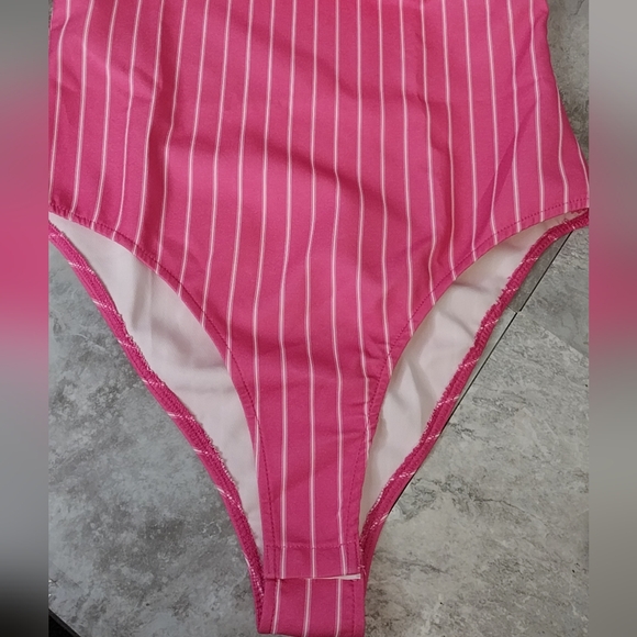 Zara Womens Size Large Stretch Striped Bodysuit Pink Tennis Prep Spring - Picture 10 of 14